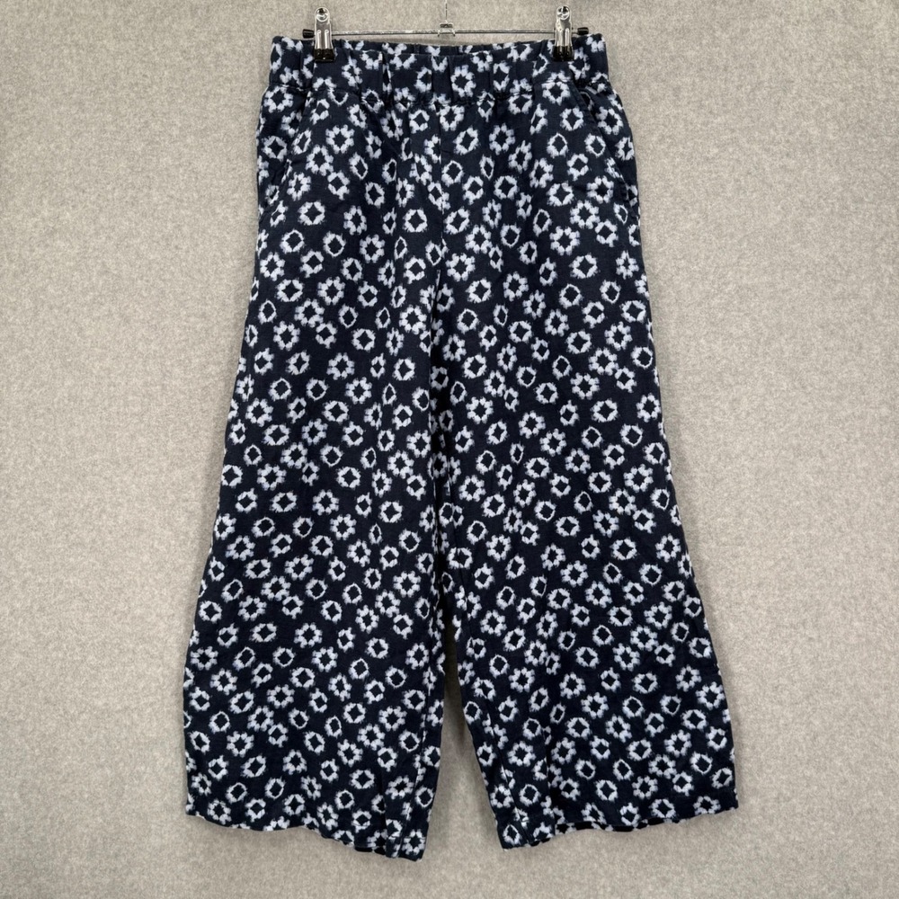 Garnet Hill cropped wide-leg linen pants navy‎ blue white geometric Pull On XS